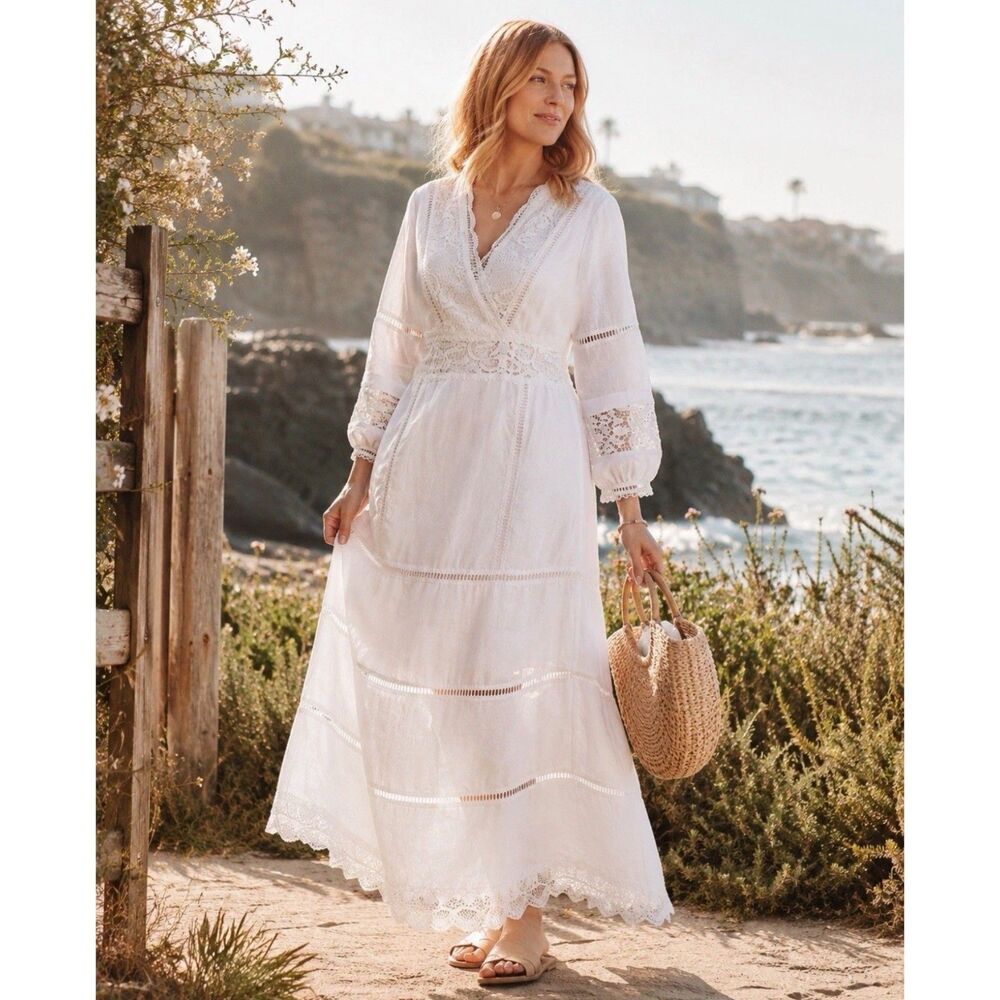 Soft Surroundings White 100% Linen Lace Maxi Dress Boho Cottage Coastal Size 18